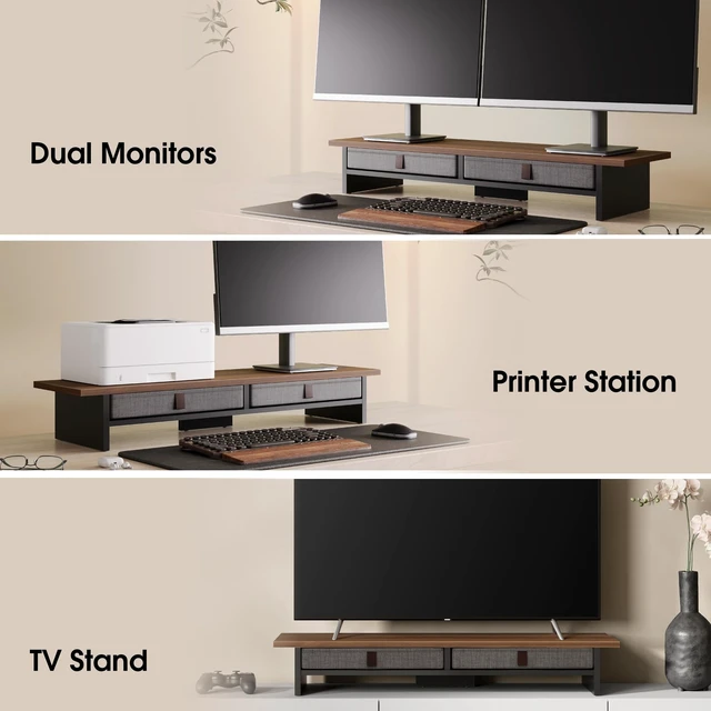 Alt view image 6 of 7 - Fenge 35 Inch Monitor Stand with Drawer Storage, Computer Riser for Desk | Wooden Computer Shelf, 2 Tiers, for Dual Monitor/Laptop/PC/TV/Printer up to 55Lbs, Home Office Desk Organizer