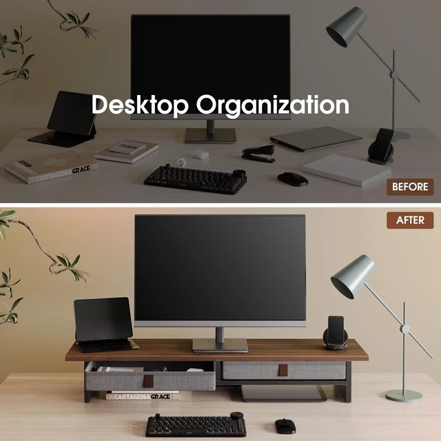 Alt view image 7 of 7 - Fenge 35 Inch Monitor Stand with Drawer Storage, Computer Riser for Desk | Wooden Computer Shelf, 2 Tiers, for Dual Monitor/Laptop/PC/TV/Printer up to 55Lbs, Home Office Desk Organizer