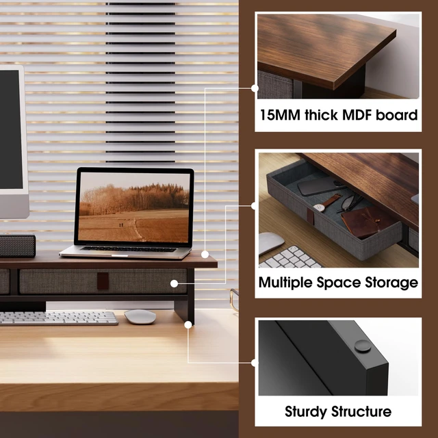 Alt view image 3 of 7 - Fenge 35 Inch Monitor Stand with Drawer Storage, Computer Riser for Desk | Wooden Computer Shelf, 2 Tiers, for Dual Monitor/Laptop/PC/TV/Printer up to 55Lbs, Home Office Desk Organizer
