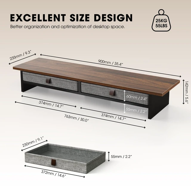 Alt view image 5 of 7 - Fenge 35 Inch Monitor Stand with Drawer Storage, Computer Riser for Desk | Wooden Computer Shelf, 2 Tiers, for Dual Monitor/Laptop/PC/TV/Printer up to 55Lbs, Home Office Desk Organizer