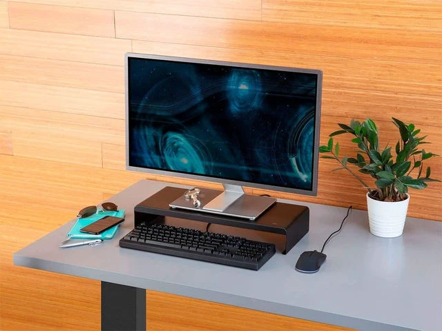 Alt view image 6 of 6 - Monoprice Metal Multimedia Desktop Stand- 7.9 x 19.3 Inches - Black | Raised 3.2 Inches, Monitor Stand & Riser, Laptop Stand - WorkstreamCollection