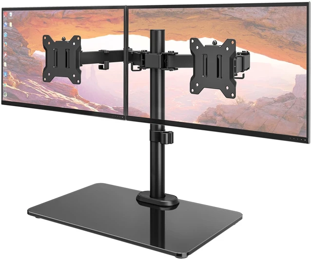 Main image of monTEK Freestanding Dual Monitor Stand for 17-32", 22 lbs Each, Glass Base | Dual-screen full-motion arm, heavy-duty glass base, height adjustment, tilt, swivel, rotation and VESA 75/100