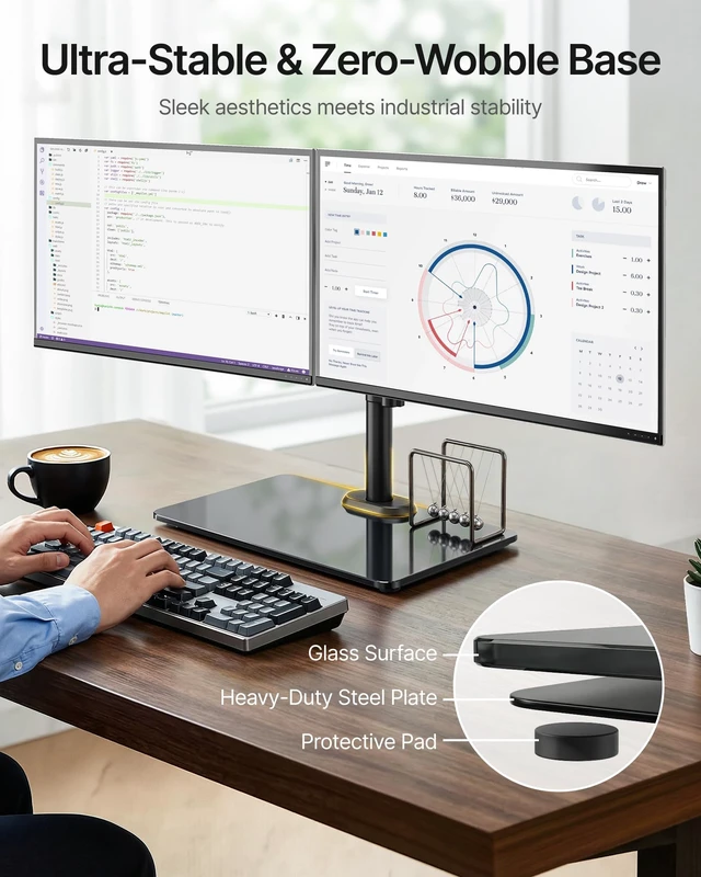 Alt view image 2 of 7 - monTEK Freestanding Dual Monitor Stand for 17-32", 22 lbs Each, Glass Base | Dual-screen full-motion arm, heavy-duty glass base, height adjustment, tilt, swivel, rotation and VESA 75/100