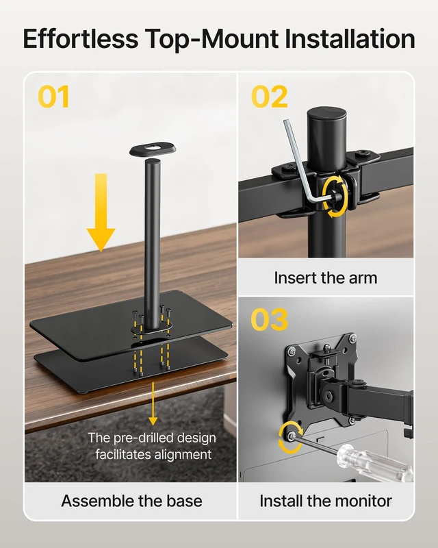 Alt view image 4 of 7 - monTEK Freestanding Dual Monitor Stand for 17-32", 22 lbs Each, Glass Base | Dual-screen full-motion arm, heavy-duty glass base, height adjustment, tilt, swivel, rotation and VESA 75/100
