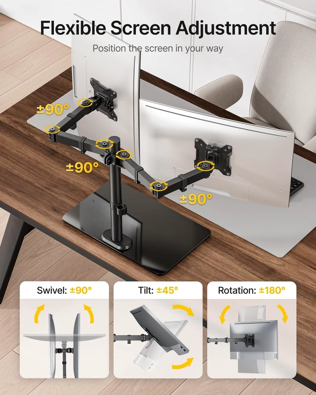 Alt view image 5 of 7 - monTEK Freestanding Dual Monitor Stand for 17-32", 22 lbs Each, Glass Base | Dual-screen full-motion arm, heavy-duty glass base, height adjustment, tilt, swivel, rotation and VESA 75/100
