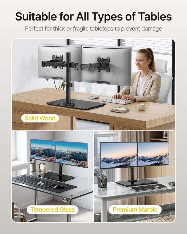 Alt view image 6 of 7 - monTEK Freestanding Dual Monitor Stand for 17-32", 22 lbs Each, Glass Base | Dual-screen full-motion arm, heavy-duty glass base, height adjustment, tilt, swivel, rotation and VESA 75/100