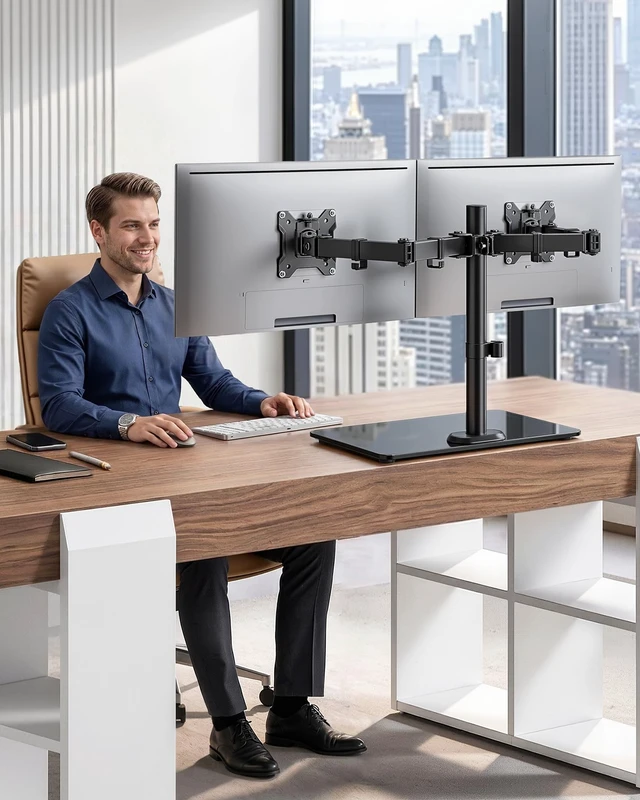 Alt view image 7 of 7 - monTEK Freestanding Dual Monitor Stand for 17-32", 22 lbs Each, Glass Base | Dual-screen full-motion arm, heavy-duty glass base, height adjustment, tilt, swivel, rotation and VESA 75/100