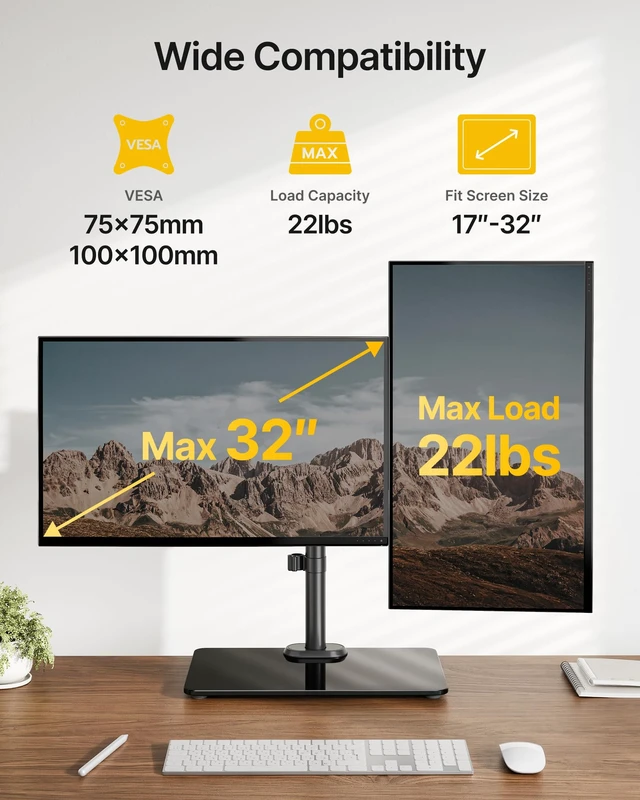 Alt view image 3 of 7 - monTEK Freestanding Dual Monitor Stand for 17-32", 22 lbs Each, Glass Base | Dual-screen full-motion arm, heavy-duty glass base, height adjustment, tilt, swivel, rotation and VESA 75/100