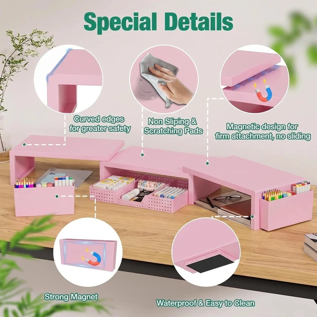 Alt view image 2 of 7 - OPNICE Desk Organizer and Accessories, Computer Monitor Stand Riser with Drawer and 2 Pen Holders, Laptop Stand, Office Desk Accessories for Office Supplies, Pink
