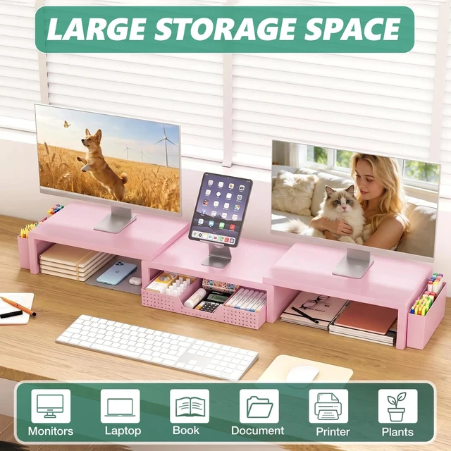 Alt view image 3 of 7 - OPNICE Desk Organizer and Accessories, Computer Monitor Stand Riser with Drawer and 2 Pen Holders, Laptop Stand, Office Desk Accessories for Office Supplies, Pink