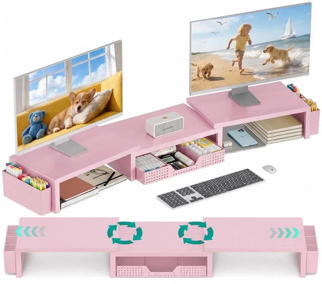 Main image of OPNICE Desk Organizer and Accessories, Computer Monitor Stand Riser with Drawer and 2 Pen Holders, Laptop Stand, Office Desk Accessories for Office Supplies, Pink