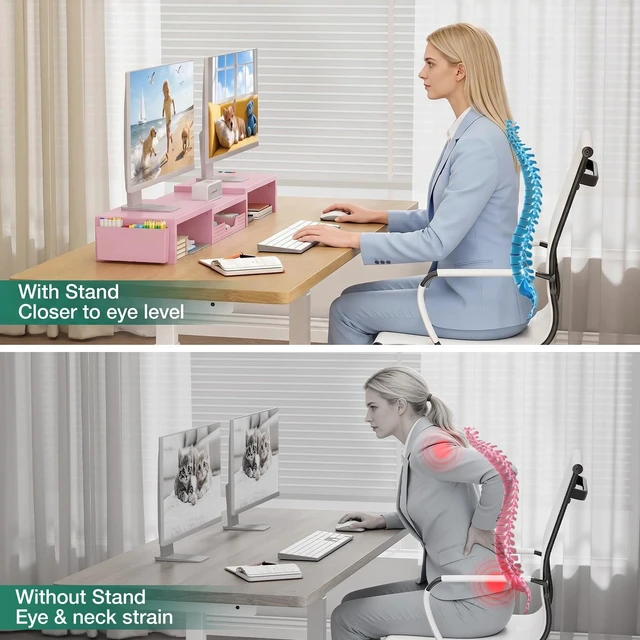 Alt view image 4 of 7 - OPNICE Desk Organizer and Accessories, Computer Monitor Stand Riser with Drawer and 2 Pen Holders, Laptop Stand, Office Desk Accessories for Office Supplies, Pink