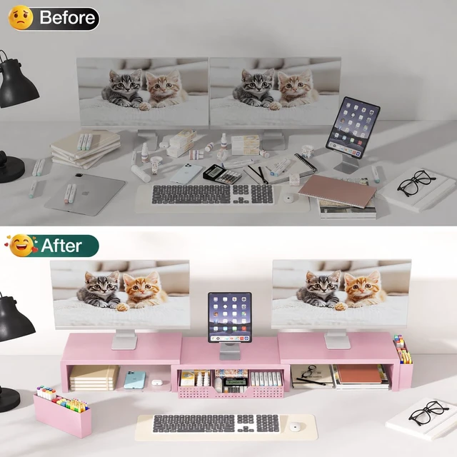 Alt view image 6 of 7 - OPNICE Desk Organizer and Accessories, Computer Monitor Stand Riser with Drawer and 2 Pen Holders, Laptop Stand, Office Desk Accessories for Office Supplies, Pink