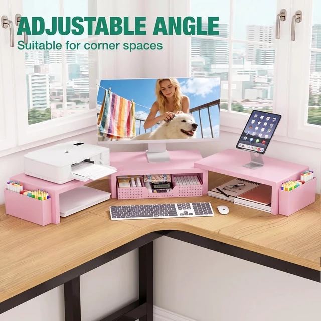 Alt view image 5 of 7 - OPNICE Desk Organizer and Accessories, Computer Monitor Stand Riser with Drawer and 2 Pen Holders, Laptop Stand, Office Desk Accessories for Office Supplies, Pink