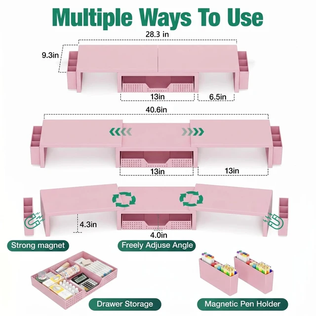 Alt view image 7 of 7 - OPNICE Desk Organizer and Accessories, Computer Monitor Stand Riser with Drawer and 2 Pen Holders, Laptop Stand, Office Desk Accessories for Office Supplies, Pink