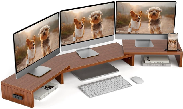 Main image of BONTEC Triple Monitor Stand Riser with Smartphone Holder, Walnut | Adjustable Length & Swivel Angle, Ergonomic Wooden Desktop Organizer for PC Monitor, Laptop, Printer, Large Storage, 53.3 in