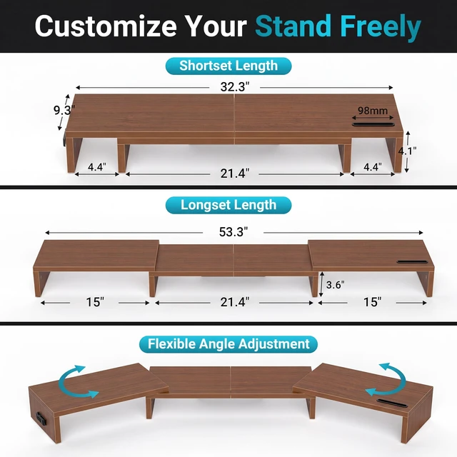 Alt view image 3 of 7 - BONTEC Triple Monitor Stand Riser with Smartphone Holder, Walnut | Adjustable Length & Swivel Angle, Ergonomic Wooden Desktop Organizer for PC Monitor, Laptop, Printer, Large Storage, 53.3 in