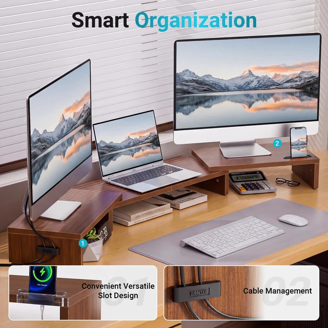Alt view image 5 of 7 - BONTEC Triple Monitor Stand Riser with Smartphone Holder, Walnut | Adjustable Length & Swivel Angle, Ergonomic Wooden Desktop Organizer for PC Monitor, Laptop, Printer, Large Storage, 53.3 in