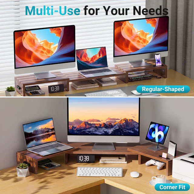 Alt view image 7 of 7 - BONTEC Triple Monitor Stand Riser with Smartphone Holder, Walnut | Adjustable Length & Swivel Angle, Ergonomic Wooden Desktop Organizer for PC Monitor, Laptop, Printer, Large Storage, 53.3 in