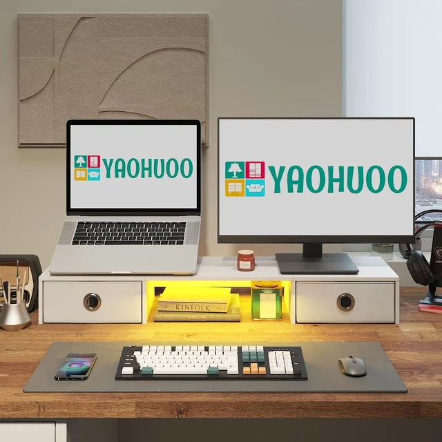 Alt view image 5 of 7 - YAOHUOO Dual Monitor Stand with LED Light 2 Drawers, Computer Monitor Riser for 2 Monitors, Large Desktop Organzier with Storage for PC/Laptop/Computer/TV Screen/Printer