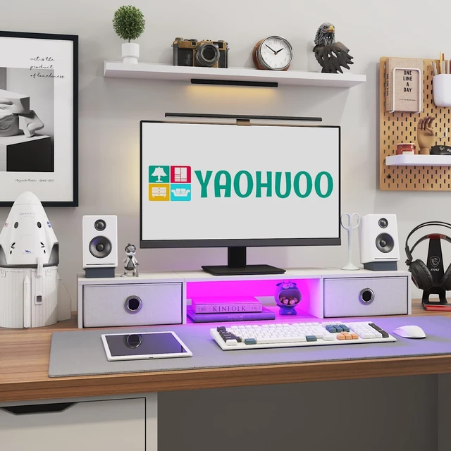 Alt view image 4 of 7 - YAOHUOO Dual Monitor Stand with LED Light 2 Drawers, Computer Monitor Riser for 2 Monitors, Large Desktop Organzier with Storage for PC/Laptop/Computer/TV Screen/Printer