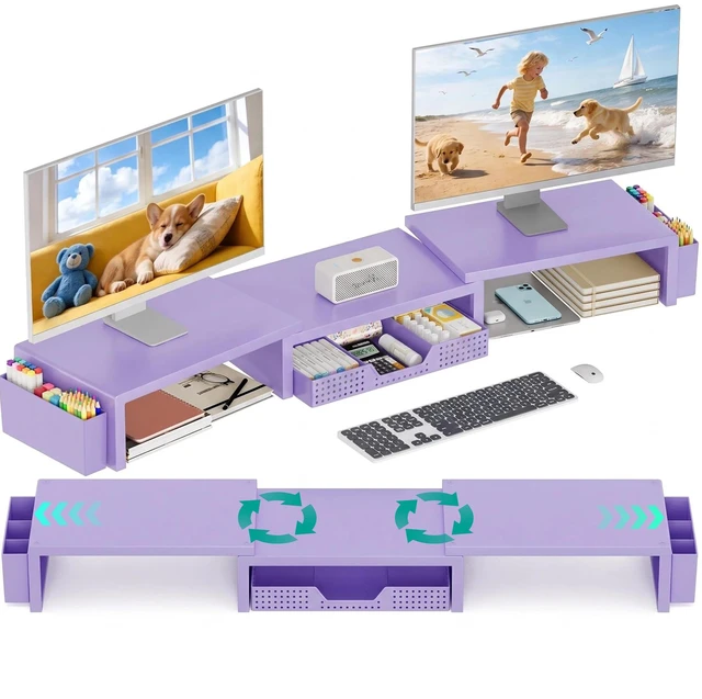 Main image of OPNICE Desk Organizer and Accessories, Computer Monitor Stand Riser with Drawer and 2 Pen Holders, Laptop Stand, Office Desk Accessories for Office Supplies, Purple