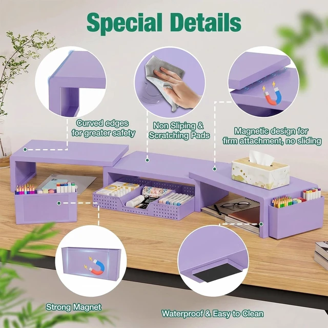 Alt view image 2 of 7 - OPNICE Desk Organizer and Accessories, Computer Monitor Stand Riser with Drawer and 2 Pen Holders, Laptop Stand, Office Desk Accessories for Office Supplies, Purple