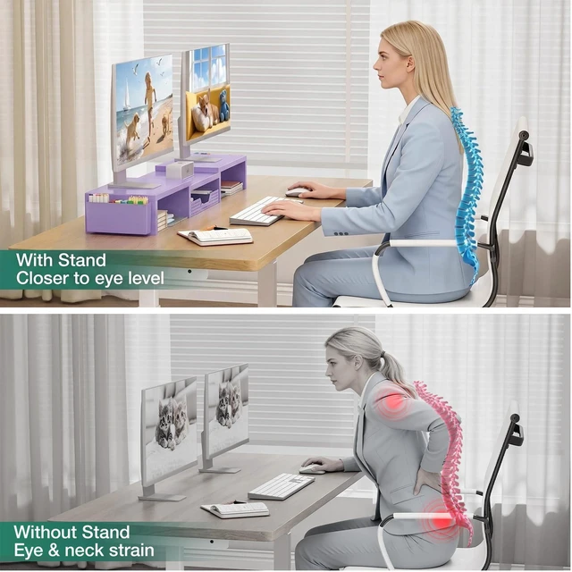 Alt view image 3 of 7 - OPNICE Desk Organizer and Accessories, Computer Monitor Stand Riser with Drawer and 2 Pen Holders, Laptop Stand, Office Desk Accessories for Office Supplies, Purple