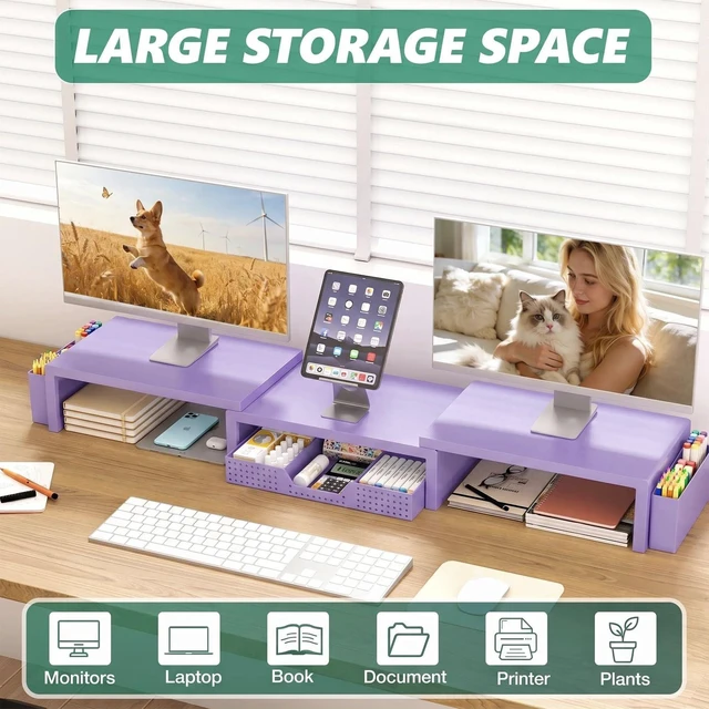 Alt view image 5 of 7 - OPNICE Desk Organizer and Accessories, Computer Monitor Stand Riser with Drawer and 2 Pen Holders, Laptop Stand, Office Desk Accessories for Office Supplies, Purple