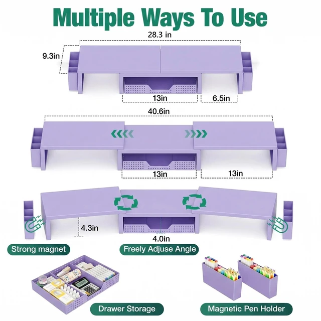 Alt view image 4 of 7 - OPNICE Desk Organizer and Accessories, Computer Monitor Stand Riser with Drawer and 2 Pen Holders, Laptop Stand, Office Desk Accessories for Office Supplies, Purple