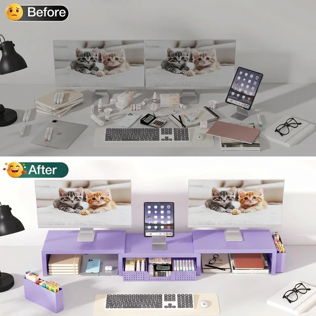 Alt view image 7 of 7 - OPNICE Desk Organizer and Accessories, Computer Monitor Stand Riser with Drawer and 2 Pen Holders, Laptop Stand, Office Desk Accessories for Office Supplies, Purple
