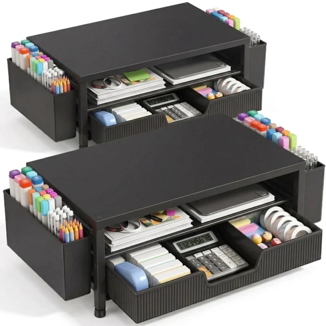 Main image of ECOLOVI Desk Organizer and Accessories, 2-Tier Computer Monitor Stand Rise with Storage Drawer & 2 Pen Holders, Laptop & Printer Stand for Desktop, Workspace Organizers for Office Supplies