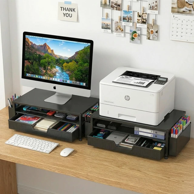 Alt view image 5 of 7 - ECOLOVI Desk Organizer and Accessories, 2-Tier Computer Monitor Stand Rise with Storage Drawer & 2 Pen Holders, Laptop & Printer Stand for Desktop, Workspace Organizers for Office Supplies