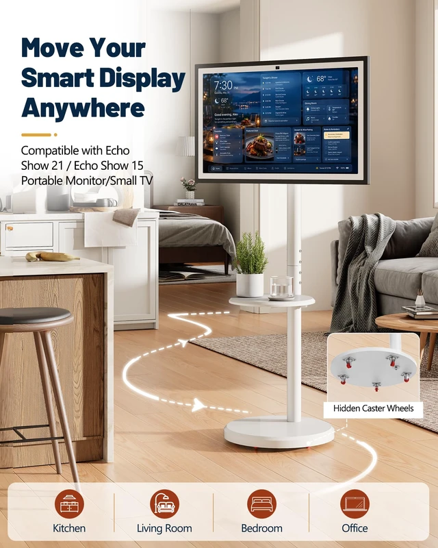 Alt view image 2 of 7 - Floor Stand for Echo Show 21/15, Mobile Monitors Stand Up to 35 inch &33lbs | Universal Rolling Stand for Smart Displays,Storage Shelf, Stable Base with Hidden Wheels,Height Adjustable