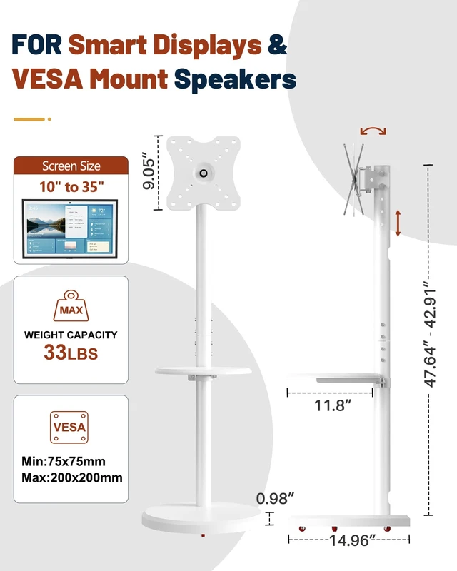 Alt view image 5 of 7 - Floor Stand for Echo Show 21/15, Mobile Monitors Stand Up to 35 inch &33lbs | Universal Rolling Stand for Smart Displays,Storage Shelf, Stable Base with Hidden Wheels,Height Adjustable