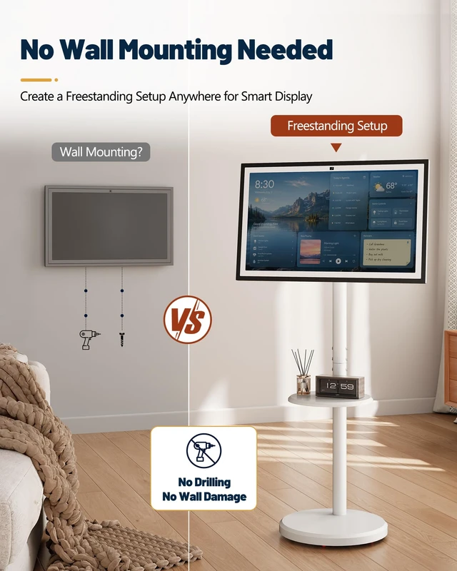 Alt view image 3 of 7 - Floor Stand for Echo Show 21/15, Mobile Monitors Stand Up to 35 inch &33lbs | Universal Rolling Stand for Smart Displays,Storage Shelf, Stable Base with Hidden Wheels,Height Adjustable