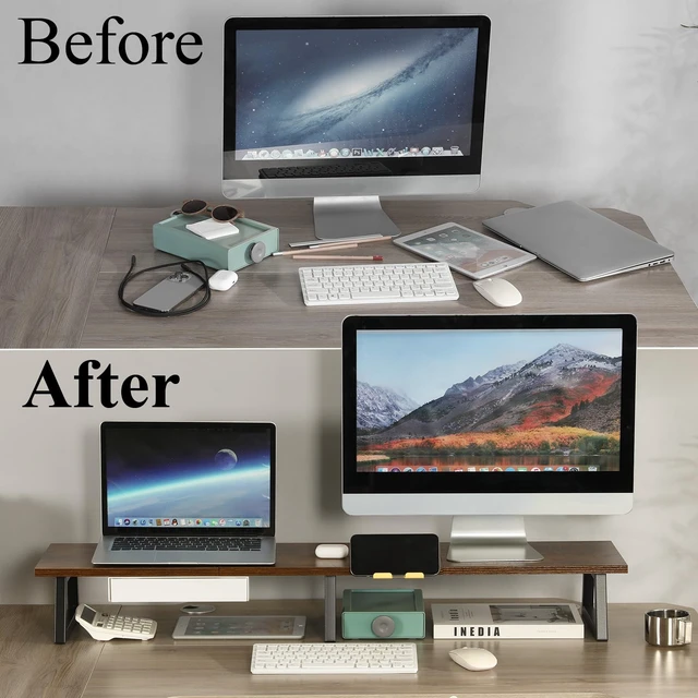 Alt view image 5 of 7 - TEAMIX 42 inch Large Dual Monitor Stand Riser,TV Riser,Desk Shelf Organizer | Extra Long Computer Stand, Wood & Steel, Holds 300lbs, Keyboard/PS5/Soundbar Storage Underneath, For Home Office & Gaming