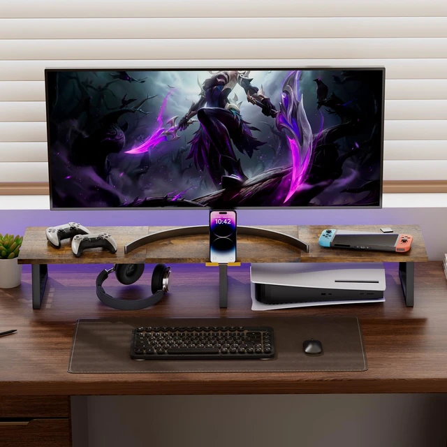 Alt view image 6 of 7 - TEAMIX 42 inch Large Dual Monitor Stand Riser,TV Riser,Desk Shelf Organizer | Extra Long Computer Stand, Wood & Steel, Holds 300lbs, Keyboard/PS5/Soundbar Storage Underneath, For Home Office & Gaming