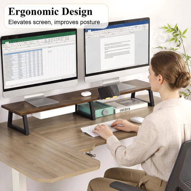 Alt view image 7 of 7 - TEAMIX 42 inch Large Dual Monitor Stand Riser,TV Riser,Desk Shelf Organizer | Extra Long Computer Stand, Wood & Steel, Holds 300lbs, Keyboard/PS5/Soundbar Storage Underneath, For Home Office & Gaming