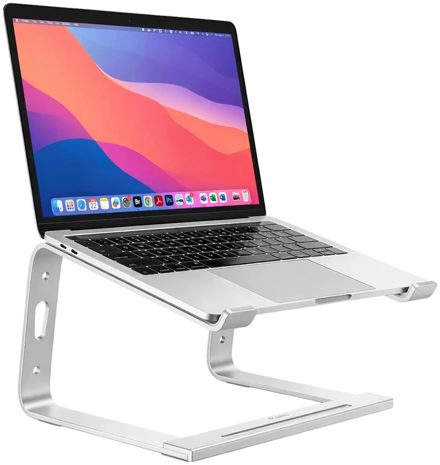 Main image of Staples TECH Adjustable Aluminum Laptop Stand, 11-17 In, Silver | Ergonomic eye-level riser with ventilated cooling and anti-slip base.