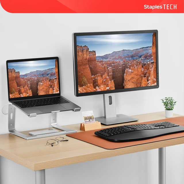 Alt view image 2 of 7 - Staples TECH Adjustable Aluminum Laptop Stand, 11-17 In, Silver | Ergonomic eye-level riser with ventilated cooling and anti-slip base.