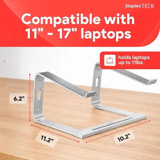 Alt view image 3 of 7 - Staples TECH Adjustable Aluminum Laptop Stand, 11-17 In, Silver | Ergonomic eye-level riser with ventilated cooling and anti-slip base.