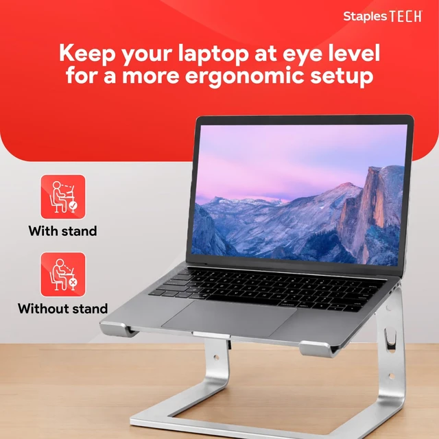 Alt view image 4 of 7 - Staples TECH Adjustable Aluminum Laptop Stand, 11-17 In, Silver | Ergonomic eye-level riser with ventilated cooling and anti-slip base.