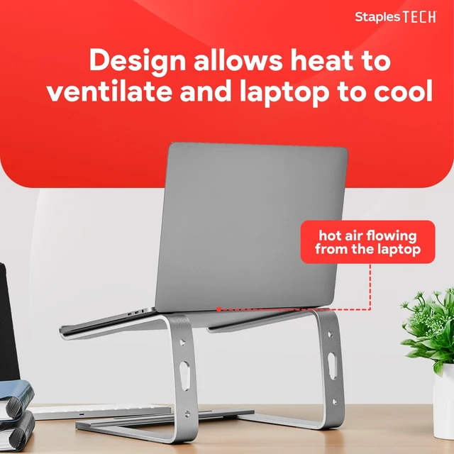 Alt view image 6 of 7 - Staples TECH Adjustable Aluminum Laptop Stand, 11-17 In, Silver | Ergonomic eye-level riser with ventilated cooling and anti-slip base.