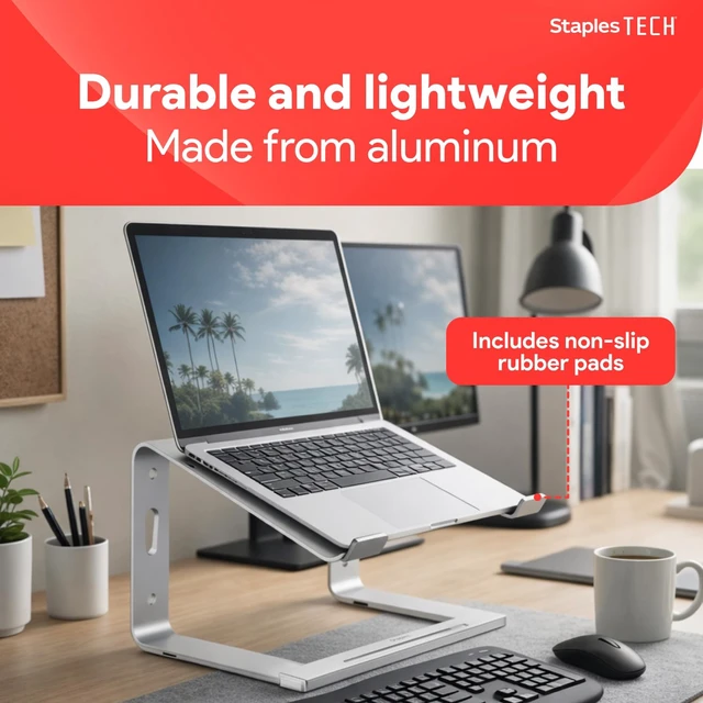 Alt view image 5 of 7 - Staples TECH Adjustable Aluminum Laptop Stand, 11-17 In, Silver | Ergonomic eye-level riser with ventilated cooling and anti-slip base.