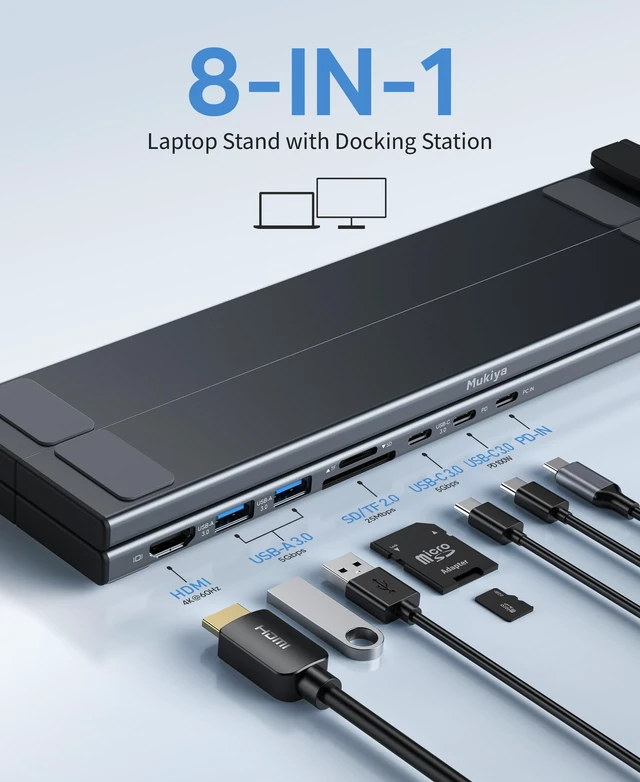 Alt view image 4 of 7 - Mukiya Portable Laptop Stand with Docking Station, 8-in-1 USB-C Hub | 4K@60Hz HDMI, 90W PD Charge, USB A&C 3.0 5Gbps Data Ports, 9-Level Adjust, SD/TF Reader, Foldable design, Travel-Friendly