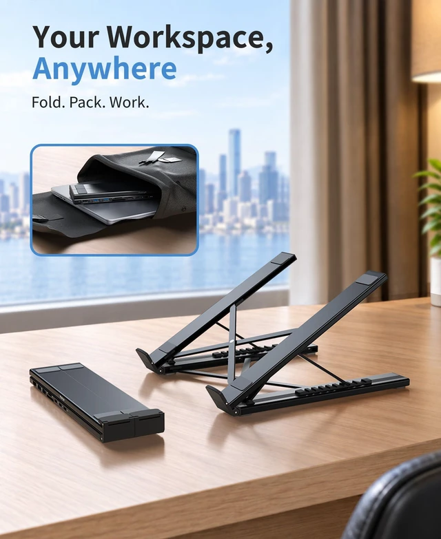 Alt view image 3 of 7 - Mukiya Portable Laptop Stand with Docking Station, 8-in-1 USB-C Hub | 4K@60Hz HDMI, 90W PD Charge, USB A&C 3.0 5Gbps Data Ports, 9-Level Adjust, SD/TF Reader, Foldable design, Travel-Friendly