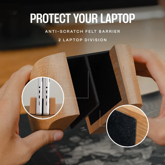 Alt view image 6 of 6 - COREMINDED Adjustable Dual Vertical Laptop Stand for Desk, Wooden Laptop Holder, MacBook Pro Stand, Wood Mac Air Dock