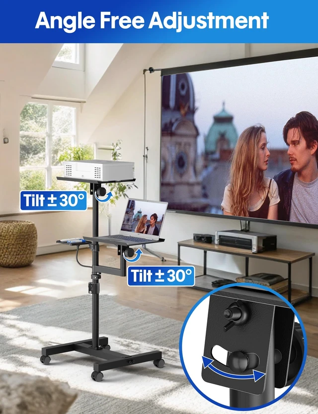 Alt view image 2 of 7 - ORWOD Projector Stand, 2-Shelf Laptop Tripod Stand with Adjustable Height | Max 47" Height Adjustable Laptop Cart on Wheels, Projector Floor Stand with Ventilated Tray for Podium, Meeting