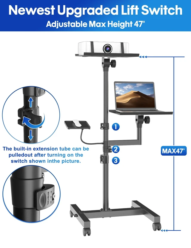 Alt view image 3 of 7 - ORWOD Projector Stand, 2-Shelf Laptop Tripod Stand with Adjustable Height | Max 47" Height Adjustable Laptop Cart on Wheels, Projector Floor Stand with Ventilated Tray for Podium, Meeting